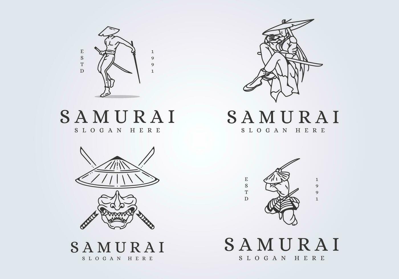 set of samurai katana mascot line art logo vector illustration design, iconic symbol samurai background