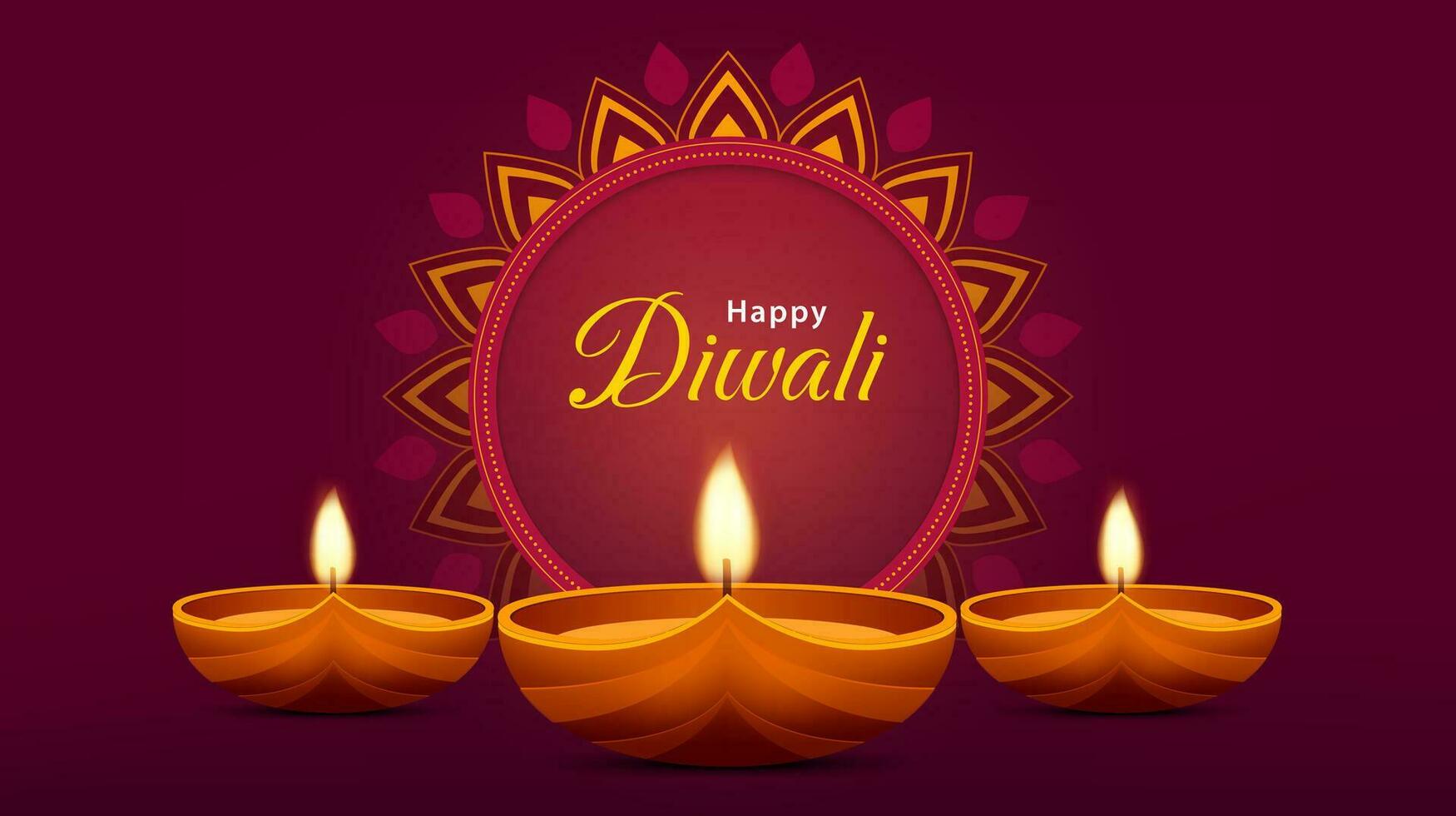 Happy diwali celebration background. Festival of lights banner with illuminated oil lamps decoration. Holiday greeting card. Vector illustration