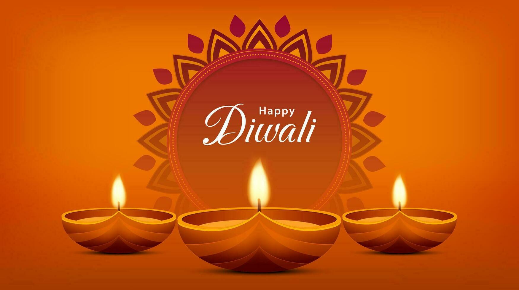 Happy diwali celebration background. Festival of lights banner with illuminated oil lamps decoration. Holiday greeting card. Vector illustration