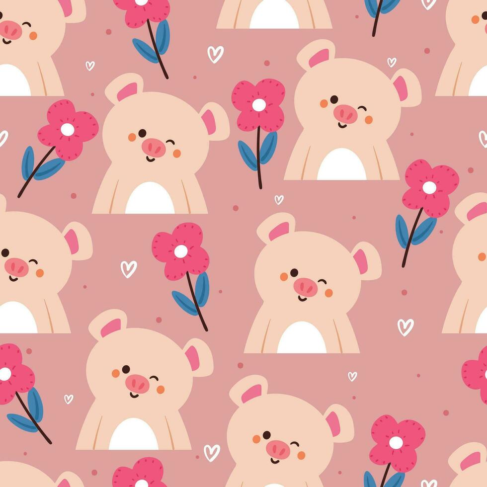 seamless pattern cartoon pig and flower. cute animal wallpaper illustration for gift wrap paper vector