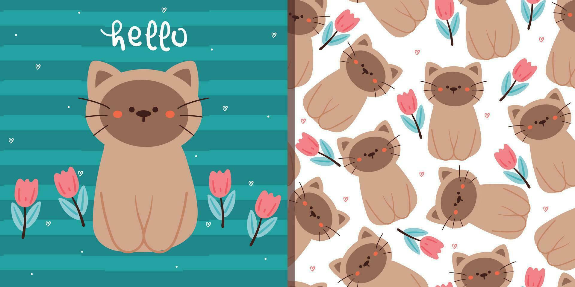 seamless pattern and vector illustration greeting card cartoon cat and flower. cute card and wallpaper for gift wrap paper
