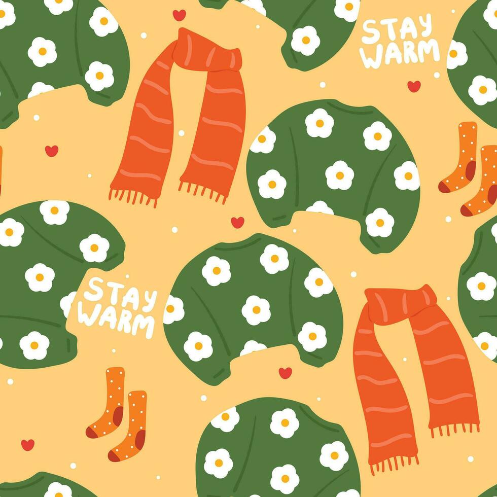 seamless pattern cartoon sweater, scarf and winter outfit accessories element. cute fashion wallpaper for gift wrap paper vector