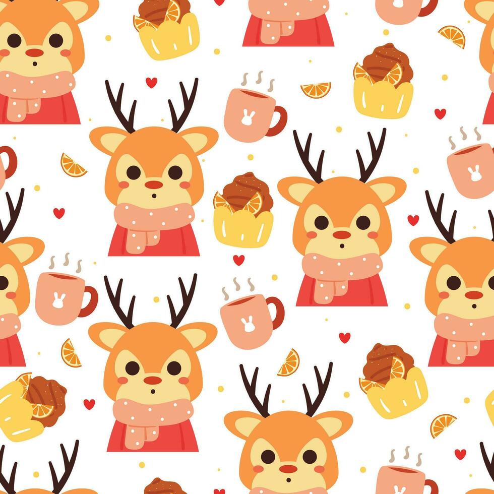 sin costura modelo dibujos animados ciervo vistiendo bufanda. linda animal fondo de pantalla con postre ilustración para regalo envolver papel, invierno fondo de pantalla vector