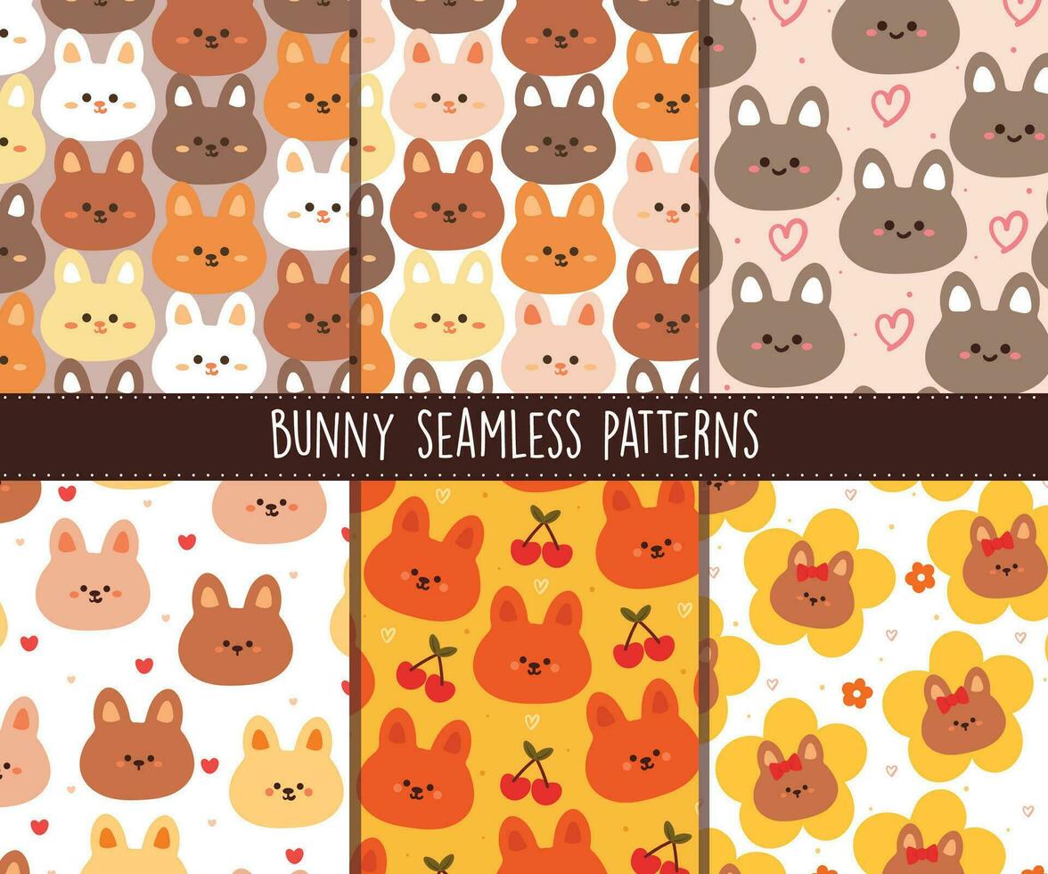 set of seamless pattern bundle, pattern collection cartoon bunny. cute wallpaper collection for gift wrap paper, fabric print vector