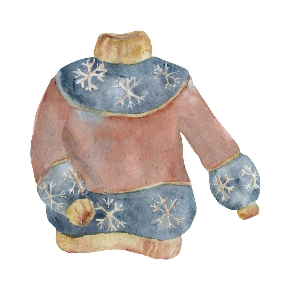 Hand drawn watercolor illustration. Red blue knitted sweater with Scandinavian stars, warm woolen handmade clothes. Single object isolated on white background. For shop, logo, print, paper, card vector