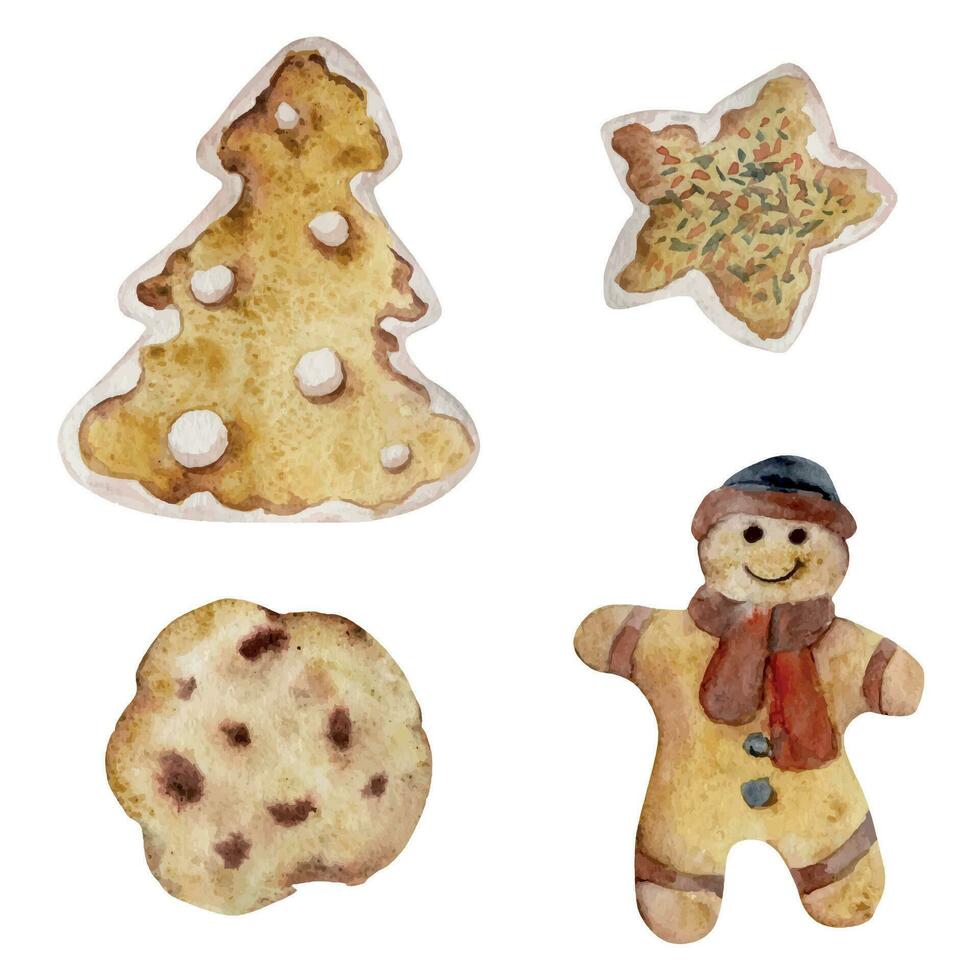 mano dibujado acuarela ilustración. hecho en casa Mantecada galletas, pan de jengibre hombre, árbol, vidriado estrella, Navidad ornamento. soltero objeto aislado en blanco antecedentes. panadería comercio, logo, imprimir, tarjeta vector