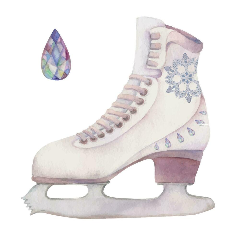 Hand drawn watercolor figure skating boots, sports gear, footwear with snowflakes and crystal. Illustration isolated composition, white background. Design for poster, print, website, card, invitation vector