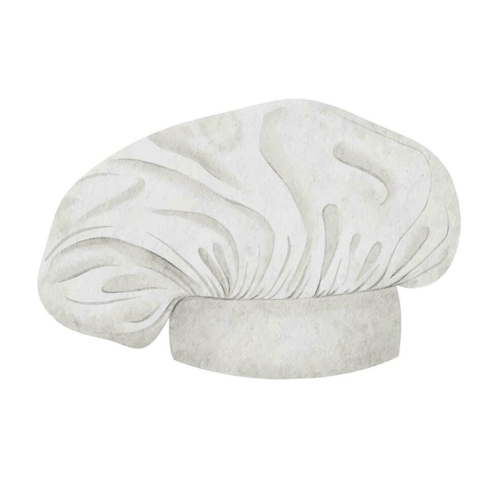 White Chef Hat. Baker's hat. Kitchen utensils. Watercolor illustration. Isolated. Design element for cookbook, menus, recipe, food label, packaging vector