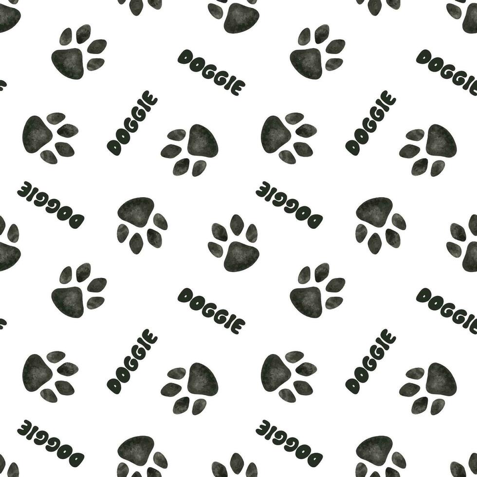 Dog or cat paw. The word doggie. Watercolor seamless pattern. Cute animal footprints for decoration, fabric, design, veterinary clinic, pet store, craft projects, logo, scrapbooking, pet tags. vector