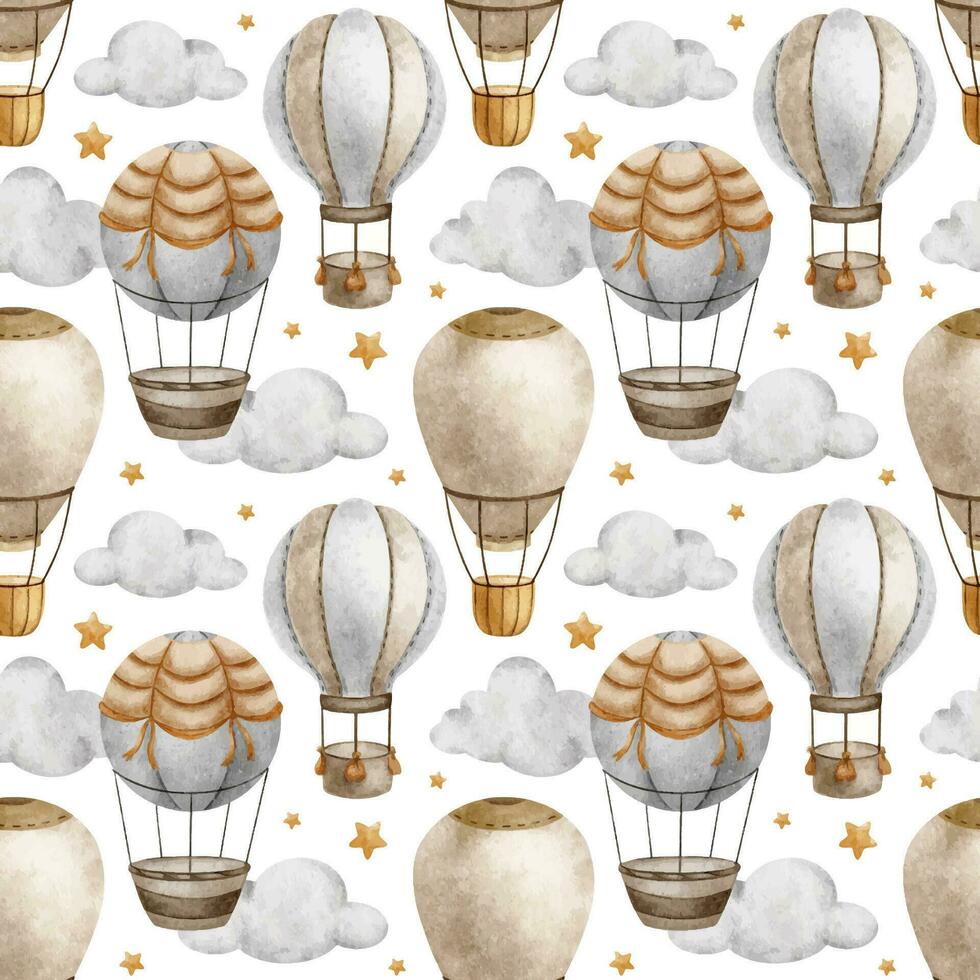 Hot Air Balloon with basket, clouds and stars. Watercolor seamless pattern. Cute baby background. For kid's goods, clothes, textile, postcards, baby shower, wallpaper and children's room vector