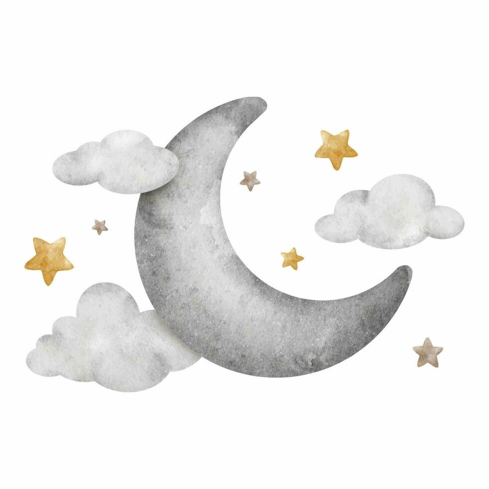 Moon with clouds and stars. Grey crescent moon. Cute baby Watercolor illustration. Isolated. Design for logo, kid's goods, clothes, textiles, postcards, baby shower and children's room vector