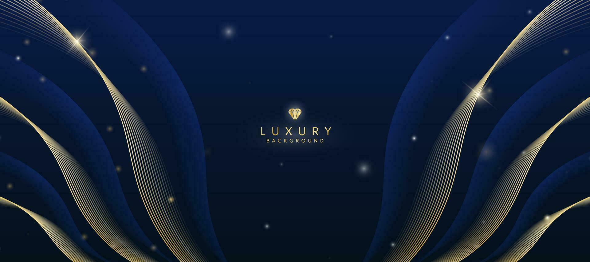Dark blue luxury background with elements of golden curves and shiny lights. vector