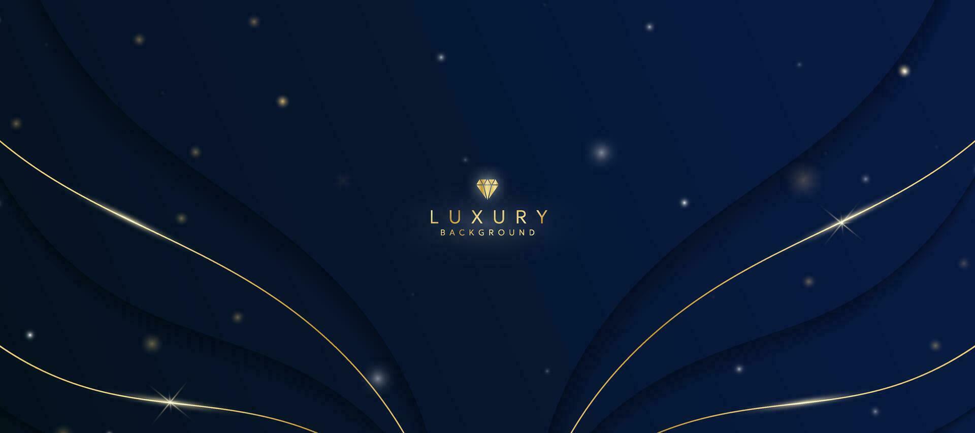 Dark blue luxury background with elements of golden curves and shiny lights. vector
