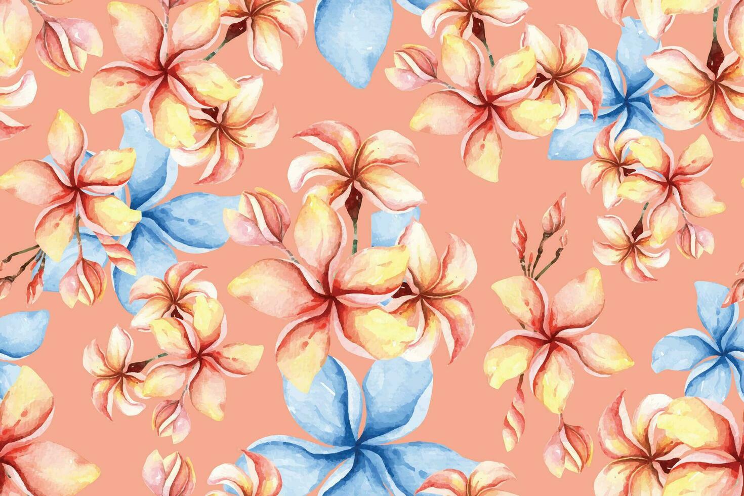 Seamless pattern of plumeria and blooming flowers painted in watercolor on white background.For fabric luxurious and wallpaper, vintage style.Botanical floral pattern.Tropical plants  background vector