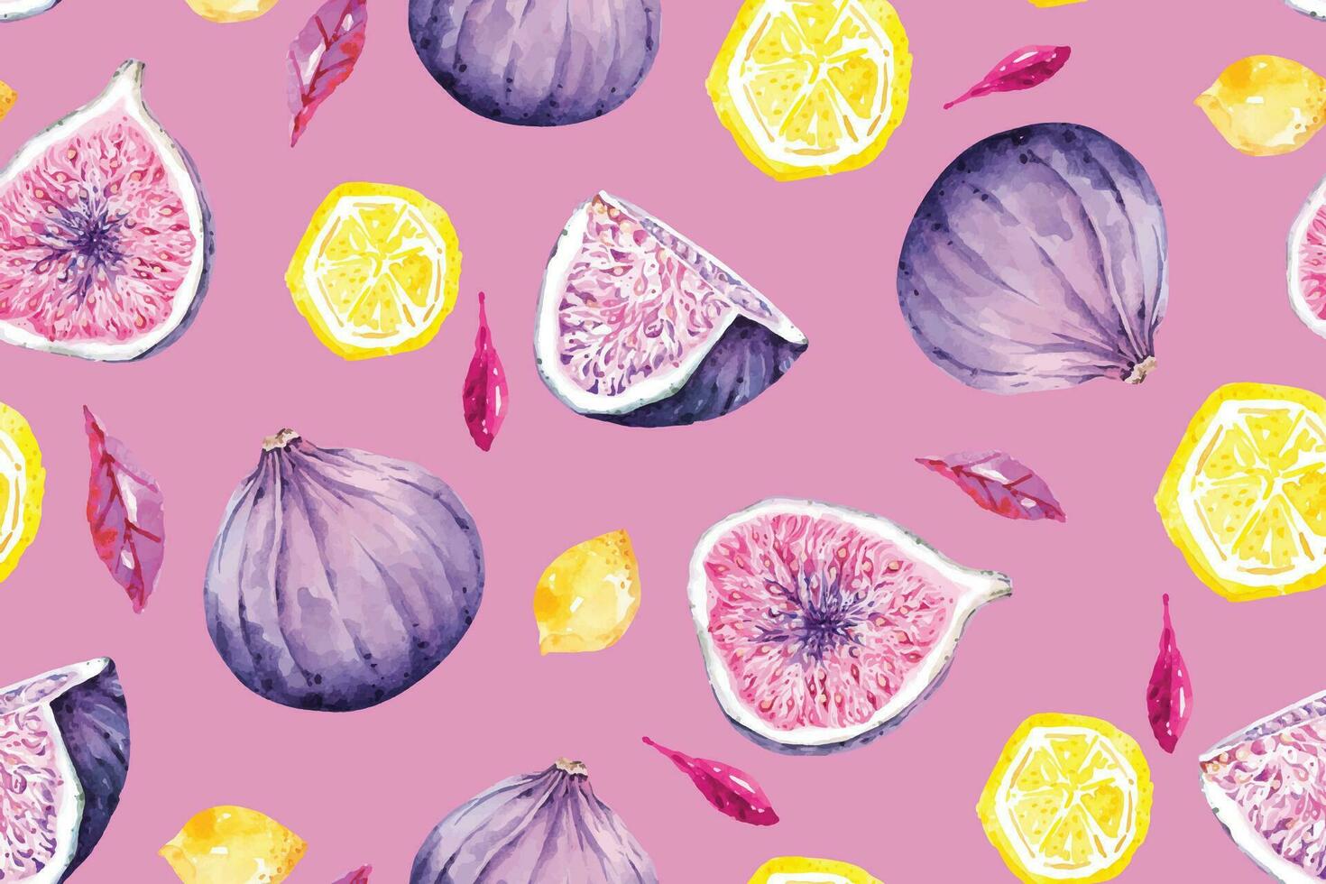 Seamless pattern of figs and lemon with watercolor.Fruit background.Suitable for designing fabric patterns or wallpaper, gift wrapping paper. vector