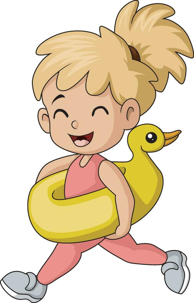 linda pequeño niña dibujos animados con inflable anillo vector