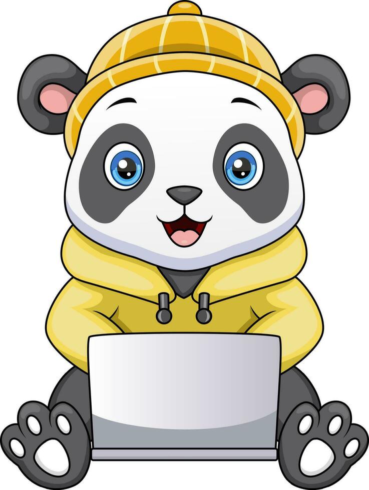 Cute little panda cartoon working on laptop vector