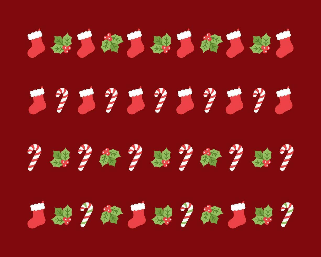 Christmas themed decorative border and text divider set, Christmas Stocking, Candy Cane and Mistletoe Pattern. Vector Illustration.
