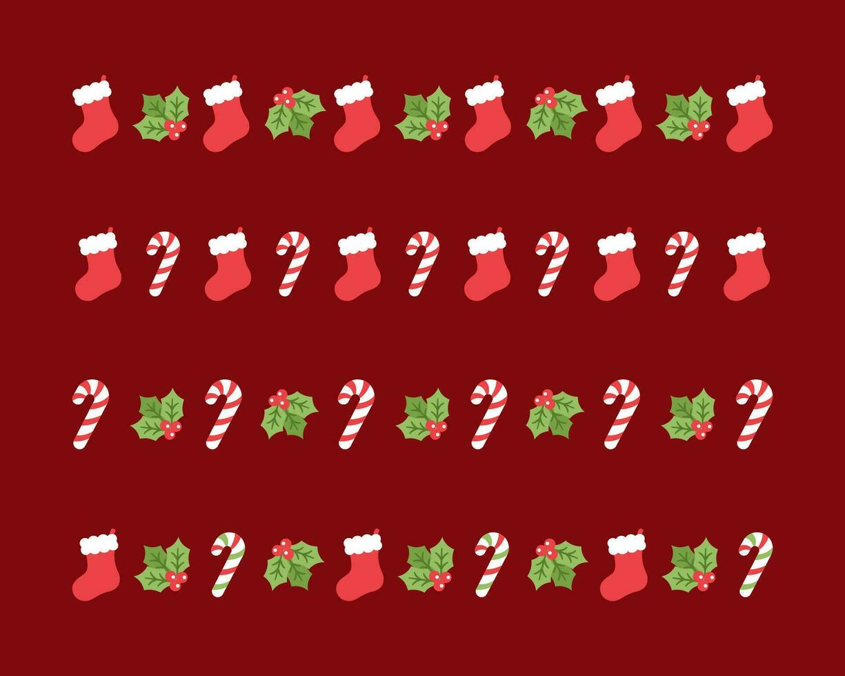 Christmas themed decorative border and text divider set, Christmas Stocking, Candy Cane and Mistletoe Pattern. Vector Illustration.