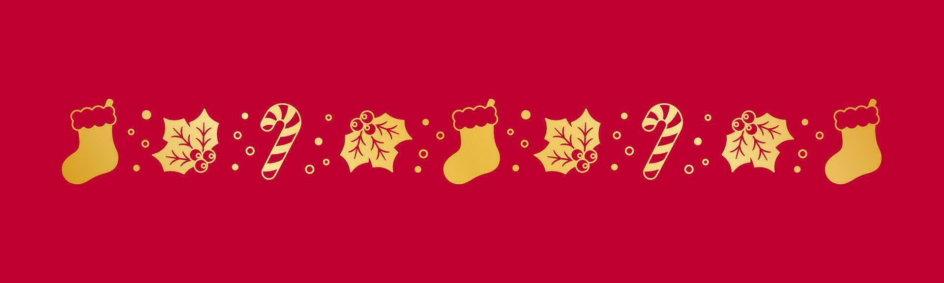 Gold Christmas themed decorative border and text divider, Christmas Stocking, Candy Cane and Mistletoe Pattern Silhouette. Vector Illustration.