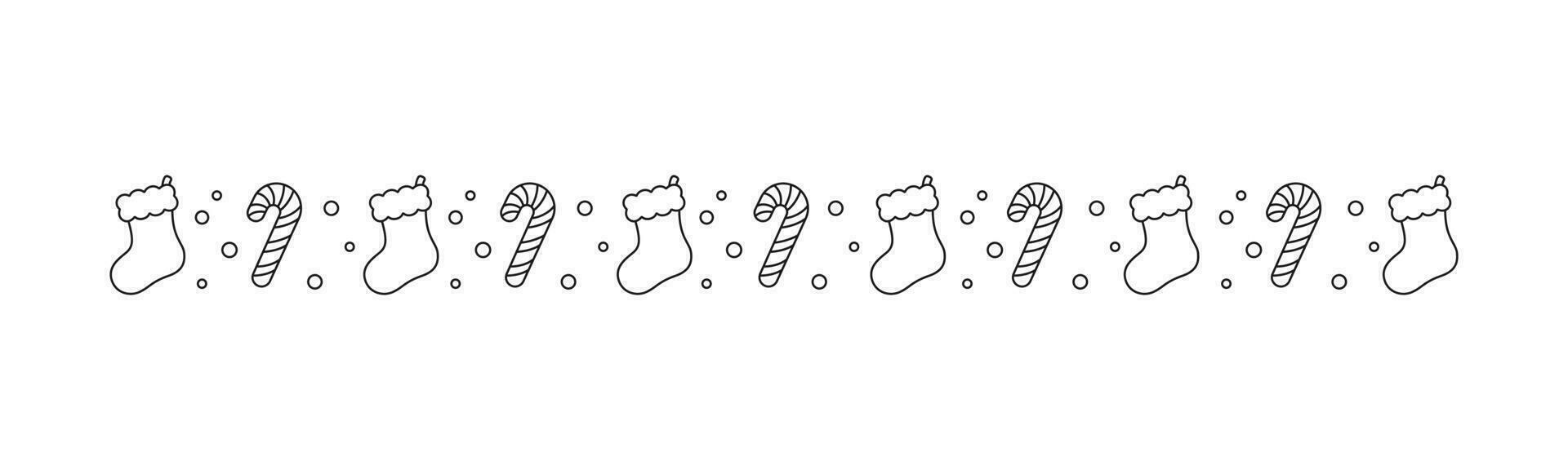 Christmas themed decorative border and text divider, Christmas Stocking and Candy Cane Pattern Outline Doodle. Vector Illustration.