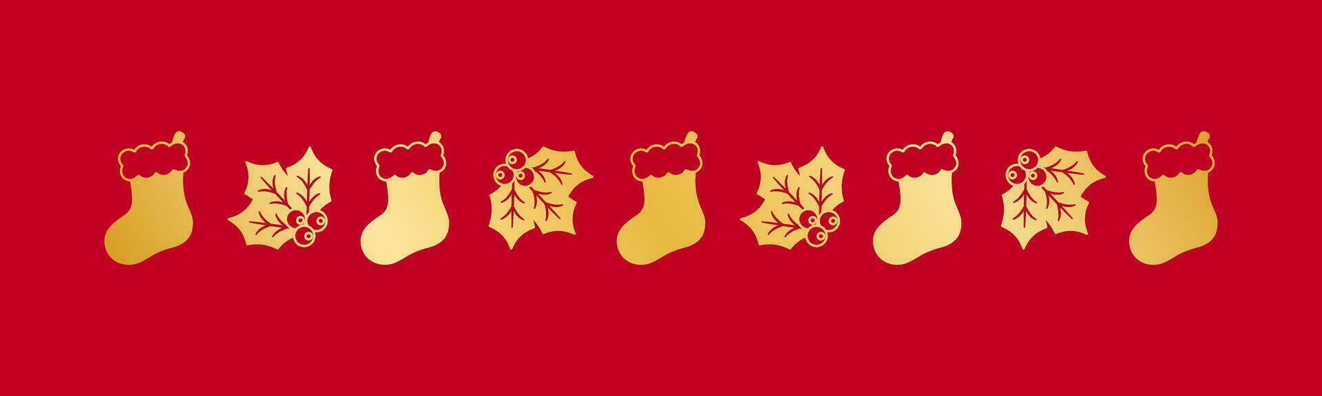 Gold Christmas themed decorative border and text divider, Christmas Stocking and Mistletoe Pattern Silhouette. Vector Illustration.