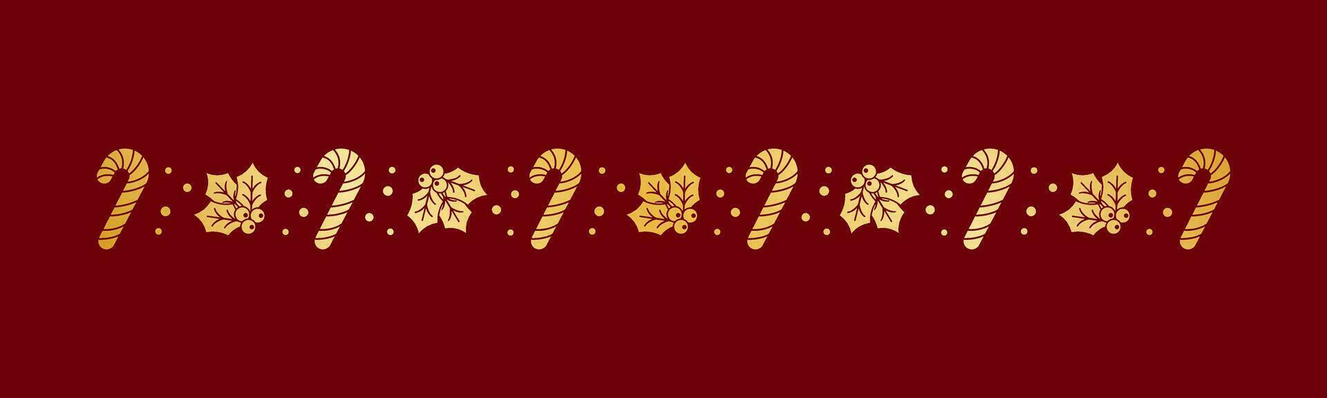 Gold Christmas themed decorative border and text divider, Mistletoe and Candy Cane Pattern Silhouette. Vector Illustration.