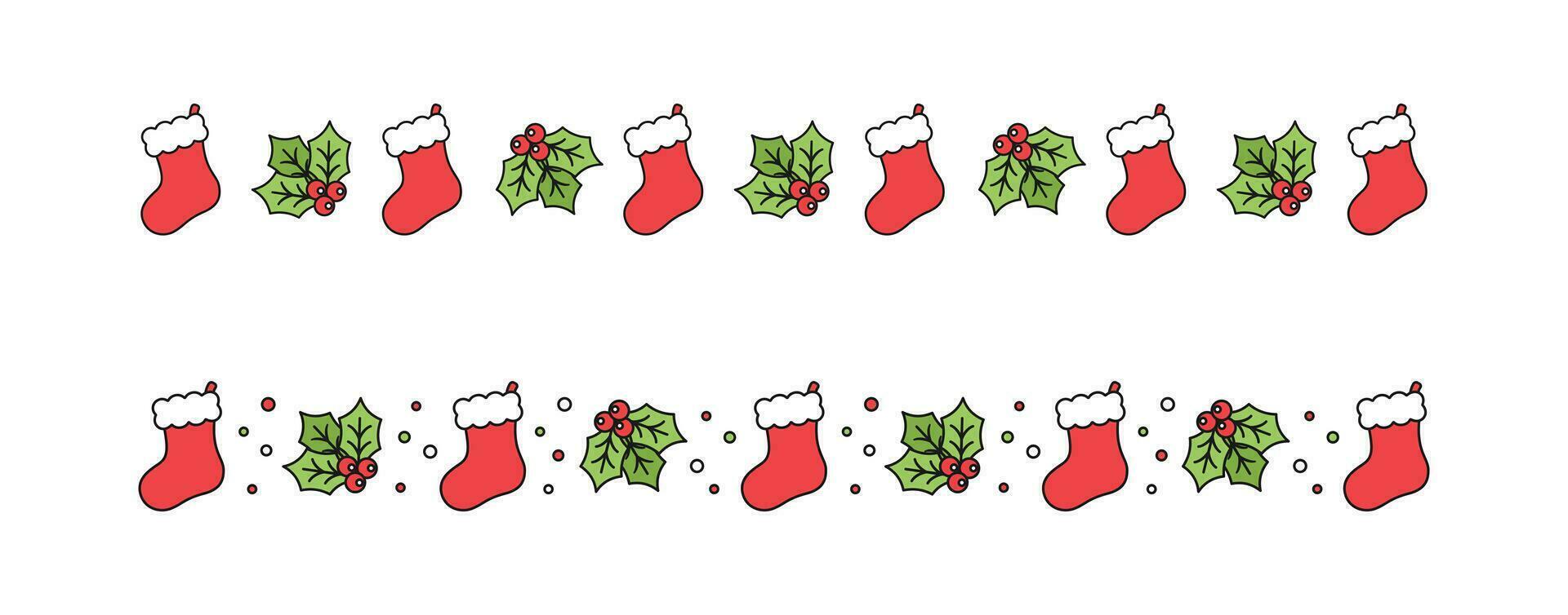 Christmas themed decorative border and text divider set, Christmas Stocking and Mistletoe Pattern. Vector Illustration.