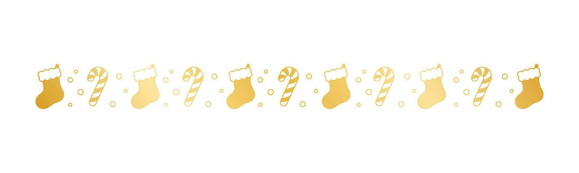 Gold Christmas themed decorative border and text divider, Christmas Stocking and Candy Cane Pattern Silhouette. Vector Illustration.