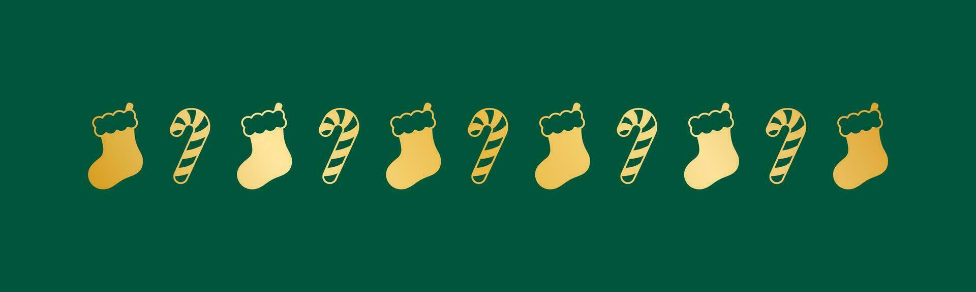 Gold Christmas themed decorative border and text divider, Christmas Stocking and Candy Cane Pattern Silhouette. Vector Illustration.