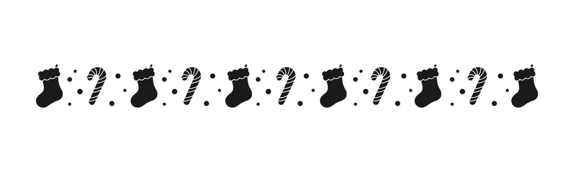 Christmas themed decorative border and text divider, Christmas Stocking and Candy Cane Pattern Silhouette. Vector Illustration.