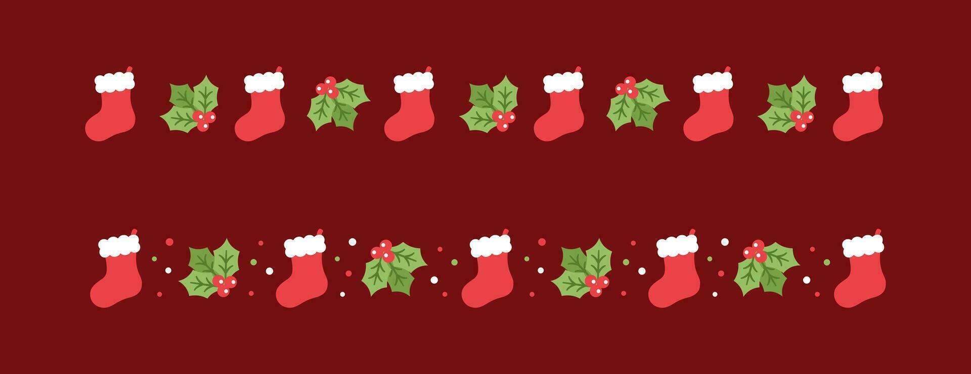 Christmas themed decorative border and text divider set, Christmas Stocking and Mistletoe Pattern. Vector Illustration.