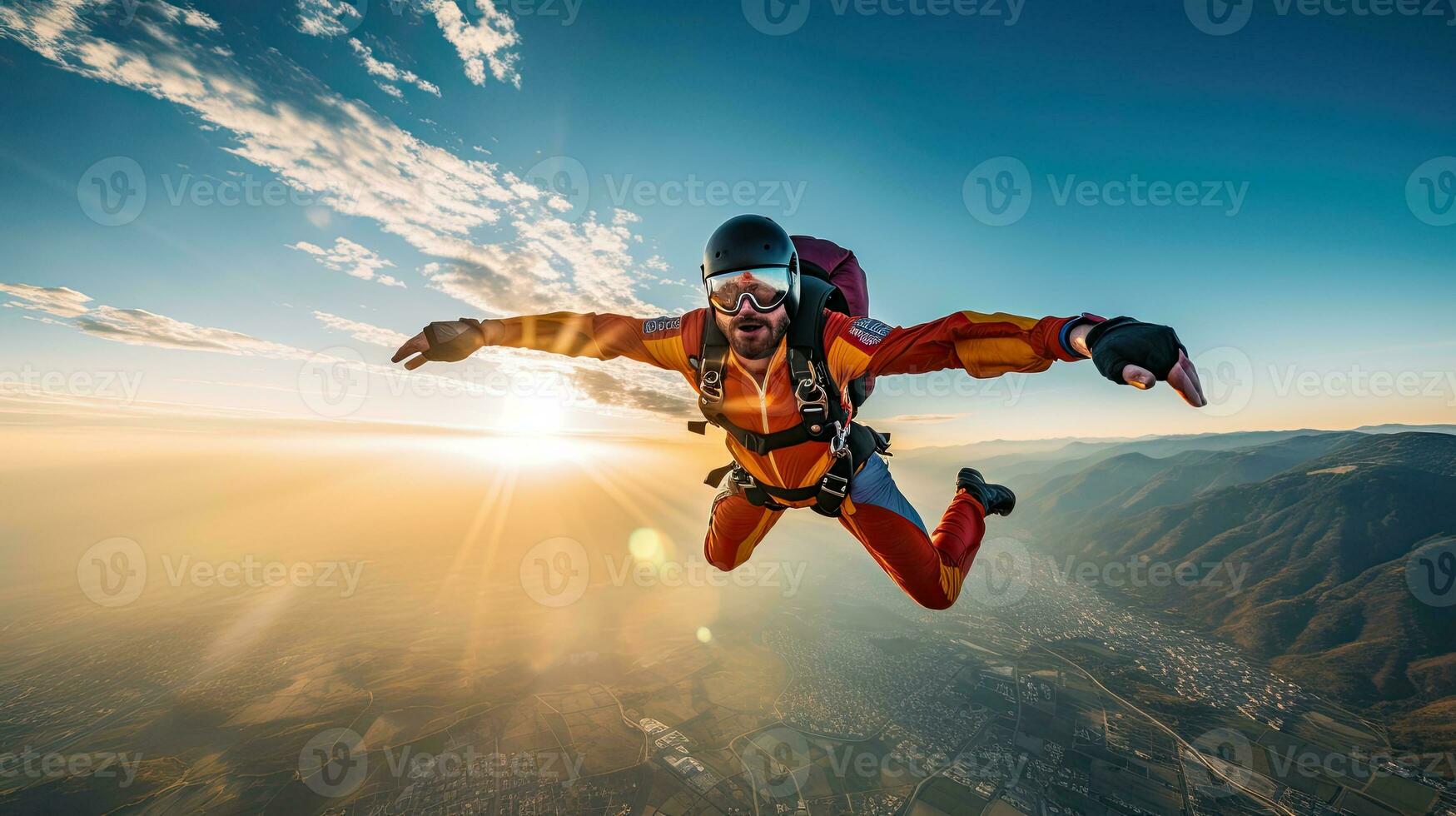 Professional sky diving with light exposure AI Generative photo