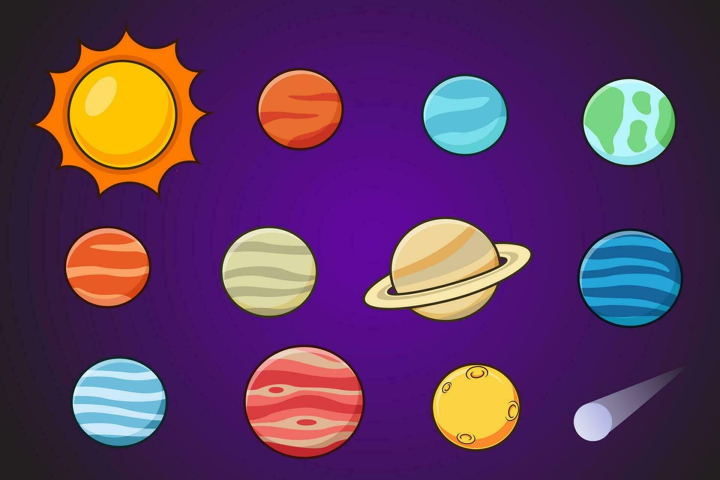 conjunto de dibujos animados solar sistema planetas niños s educación. vector ilustración de dibujos animados solar sistema planetas