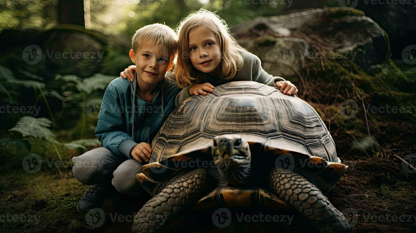 Portrait kids with turtle in the zoo AI Generative photo