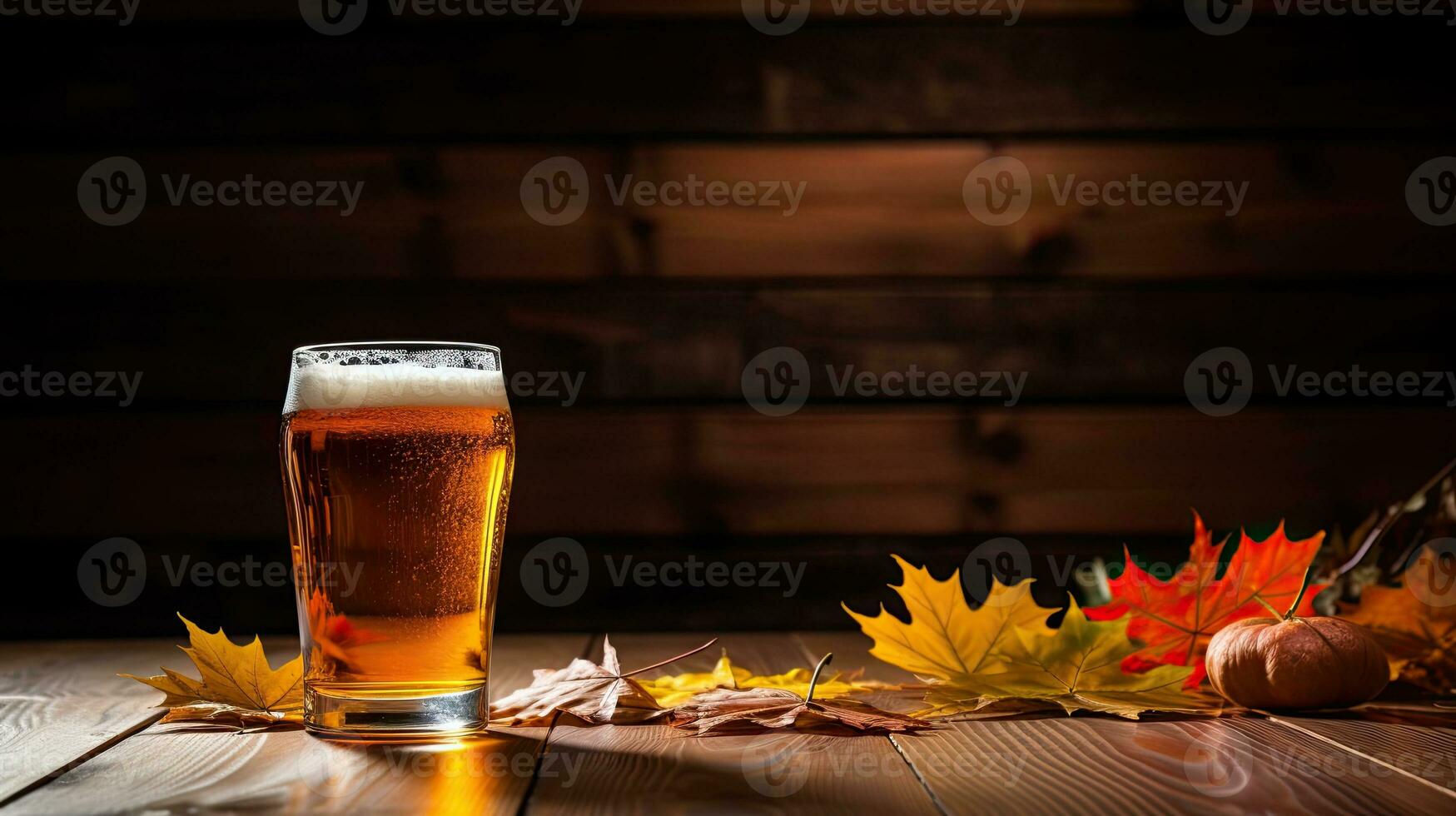 Portrait a glass of beer with autumn leaf on the table AI Generative photo