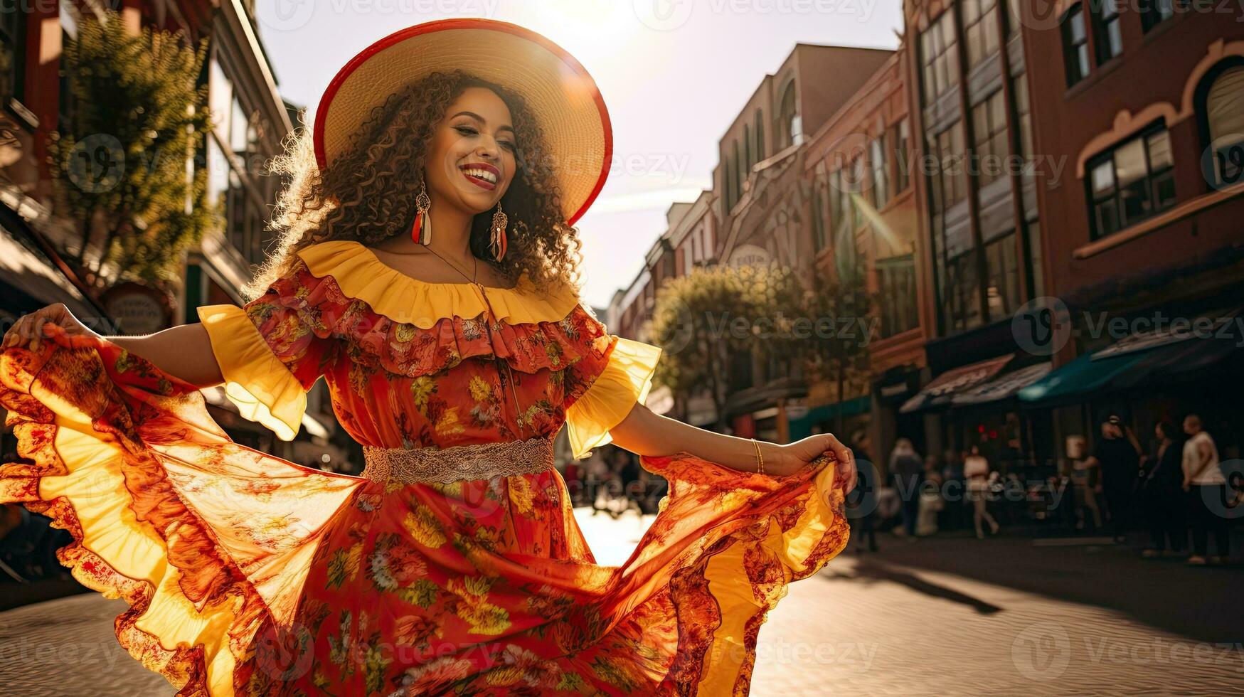 Portrait girl wearing sombrero dancing on the street of city AI Generative photo