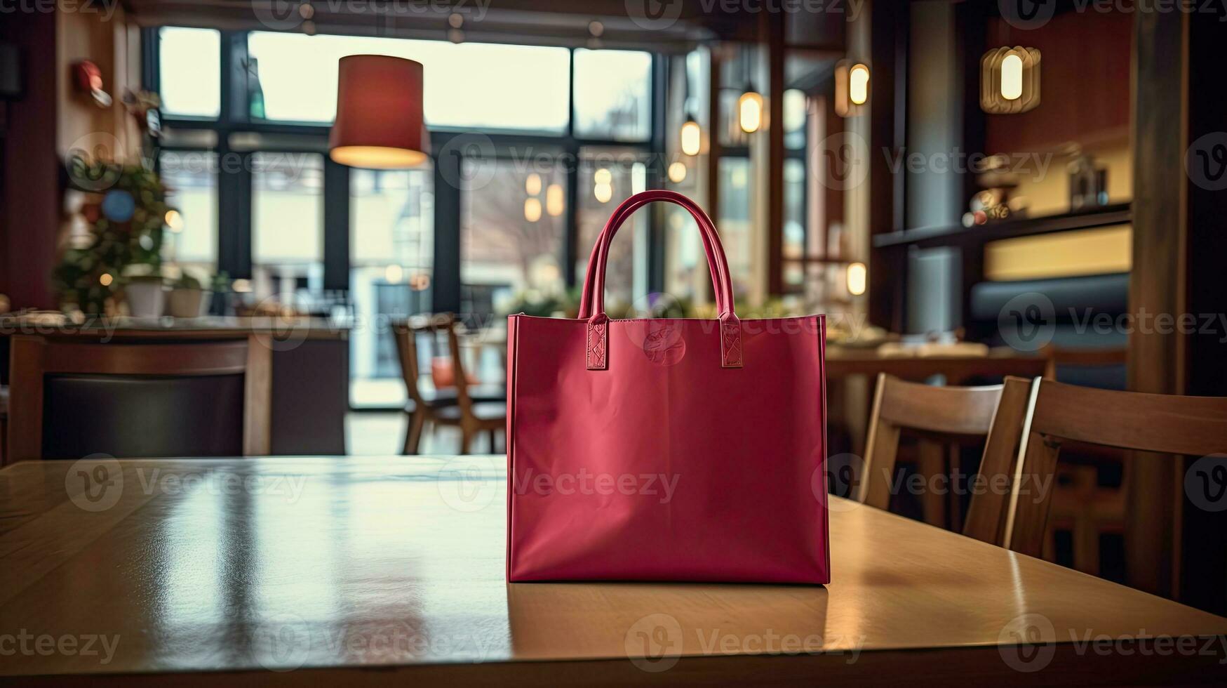 Portrait red shopping bag on the table AI Generative photo