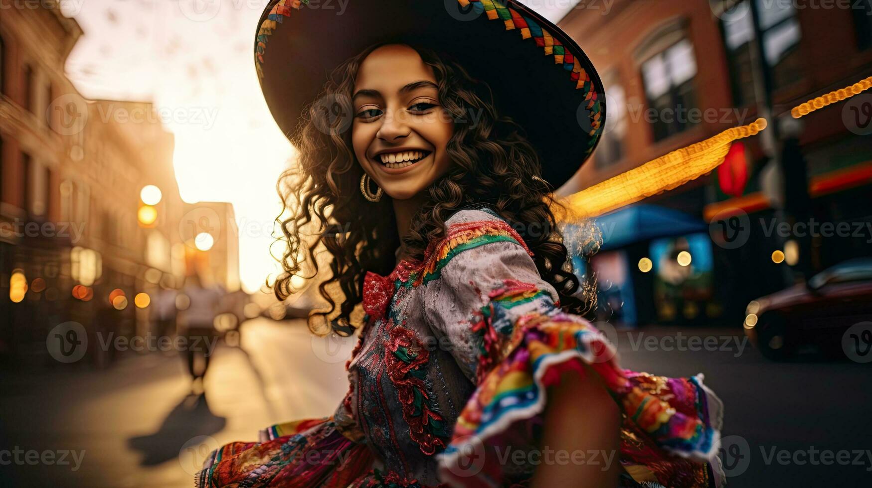 Portrait girl wearing sombrero dancing on the street of city AI Generative photo