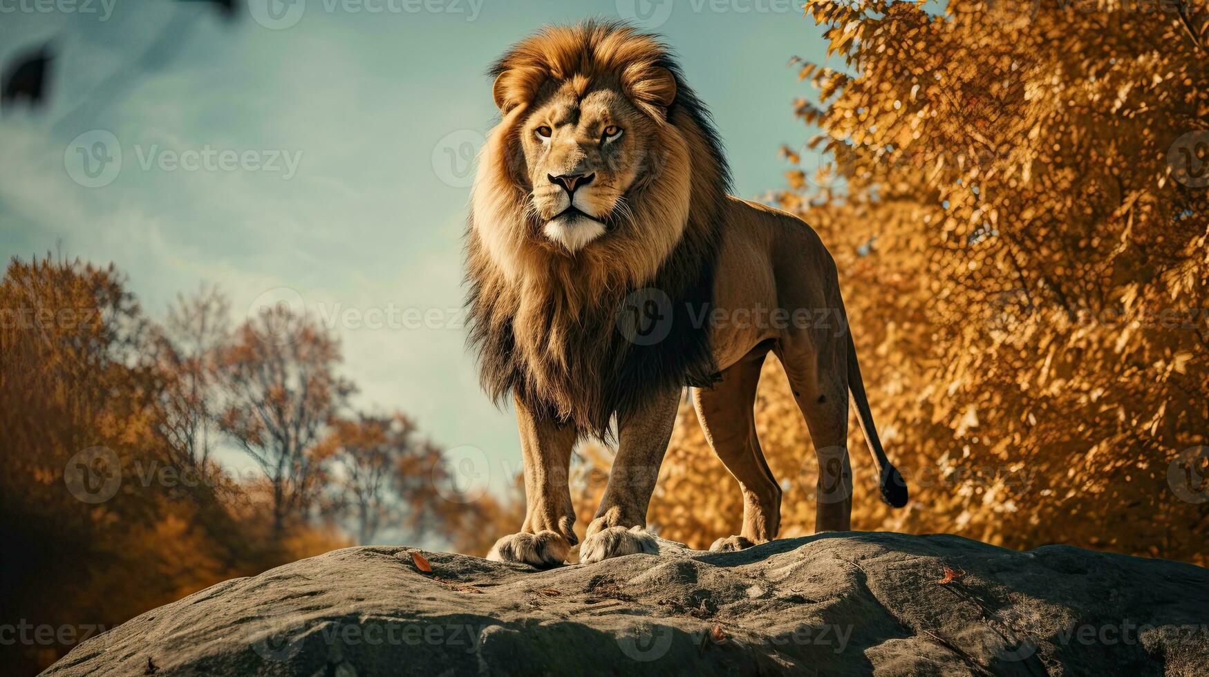 Portrait Lion standing on the rock with light exposure AI Generative photo