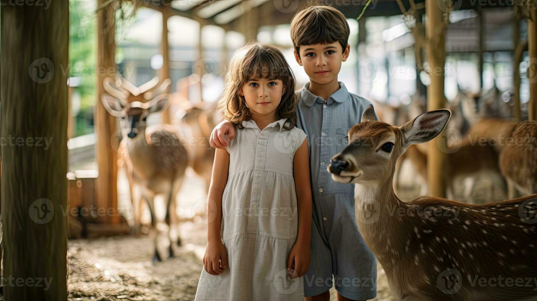 Portrait kids with deers in the zoo AI Generative photo