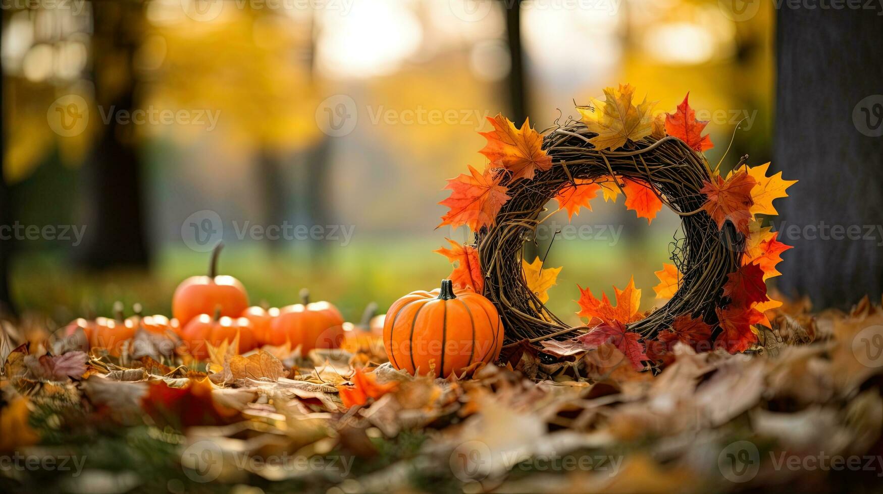 Portrait pumpkin with autumn leaf AI Generative photo