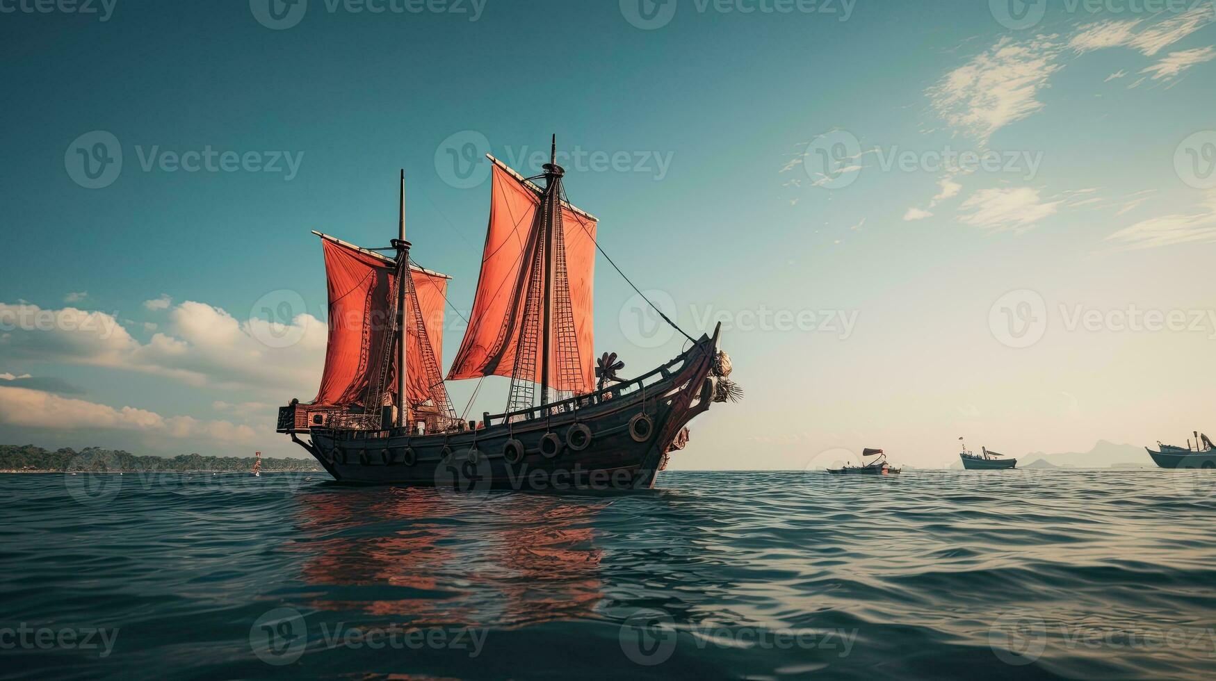 retrato Pinisi Embarcacion navegación en el mar con ligero exposición ai generativo foto