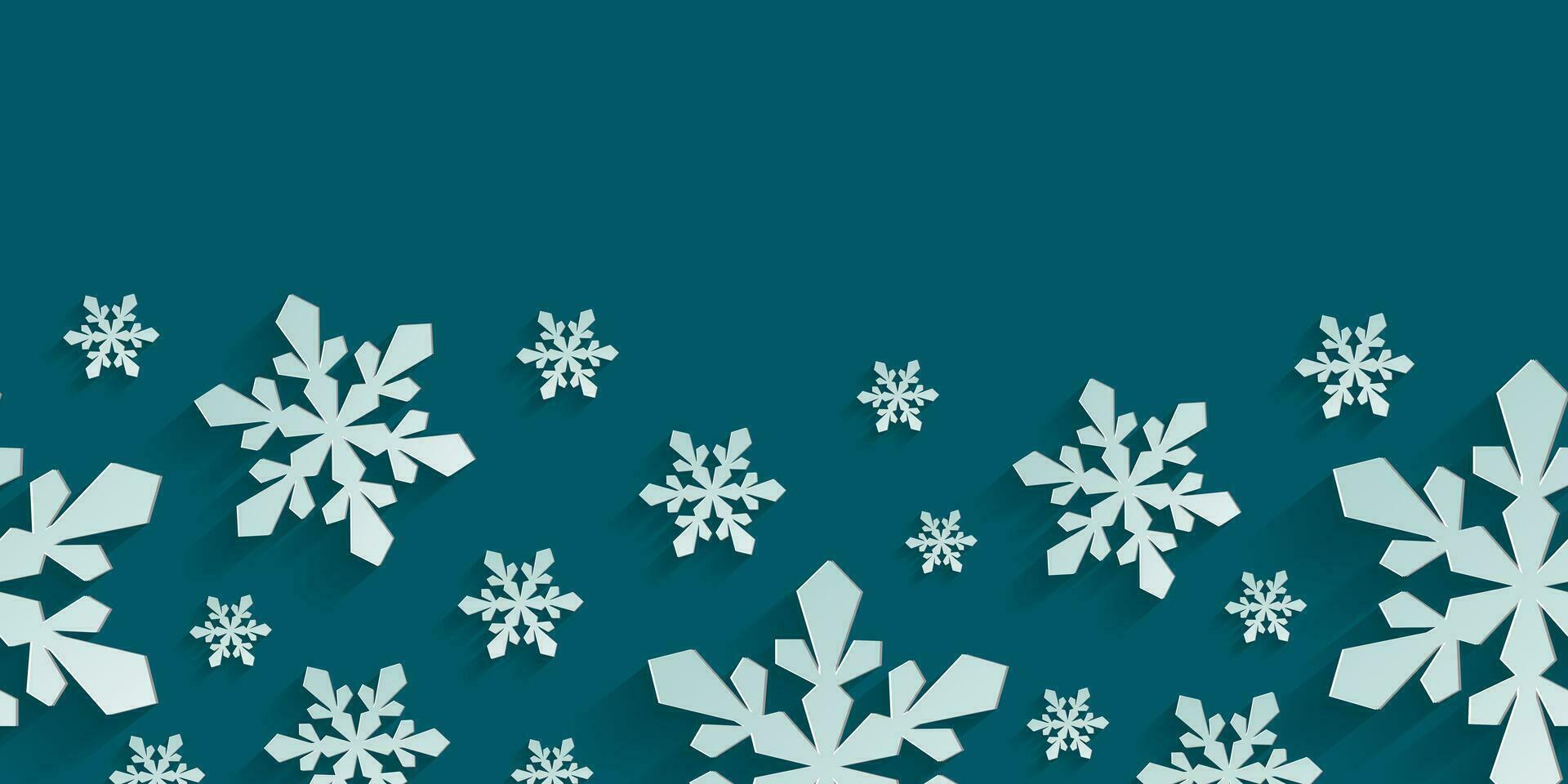 Seamless horizontal pattern with paper cut snowflakes. Christmas design 3D illustration on teal colored background for presentation, banner, cover, web, flyer, card, sale, poster and social media. vector