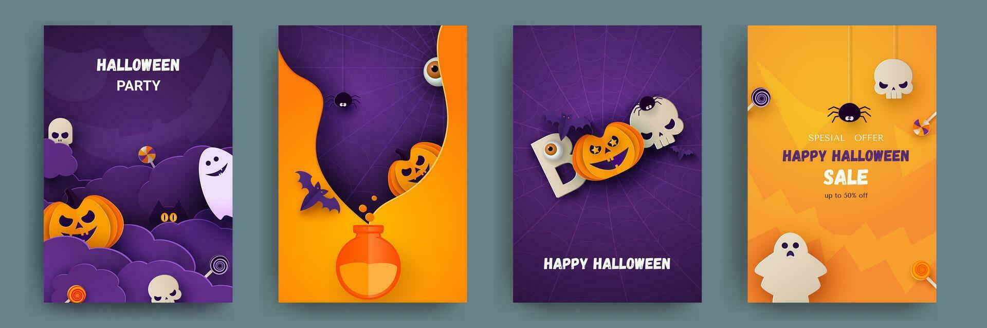Halloween party invitations, greeting cards or posters. Set of cute pumpkins, bats and spiders. Paper cut style. Vector illustration