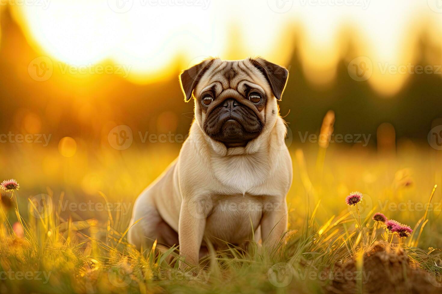 Portrait cute pug on the meadow with light exposure AI Generative photo
