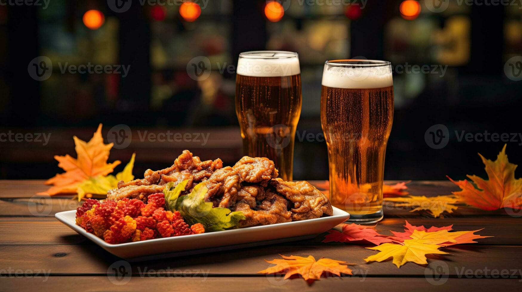 A Glass of beer with maple leaf on the table AI Generative photo