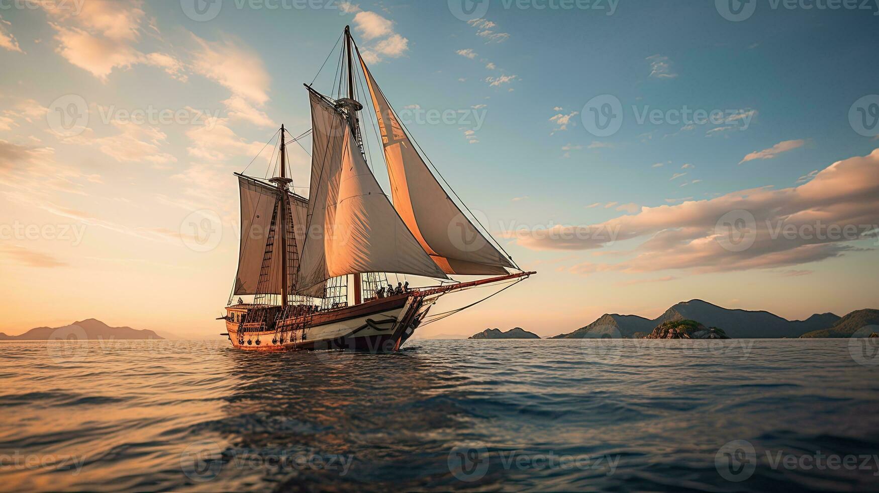 Portrait Pinisi ship sailing on the sea with light exposure AI Generative photo