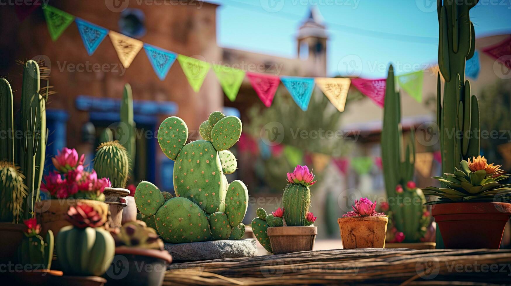 Portrait cactus on the pot with bunting AI Generative photo