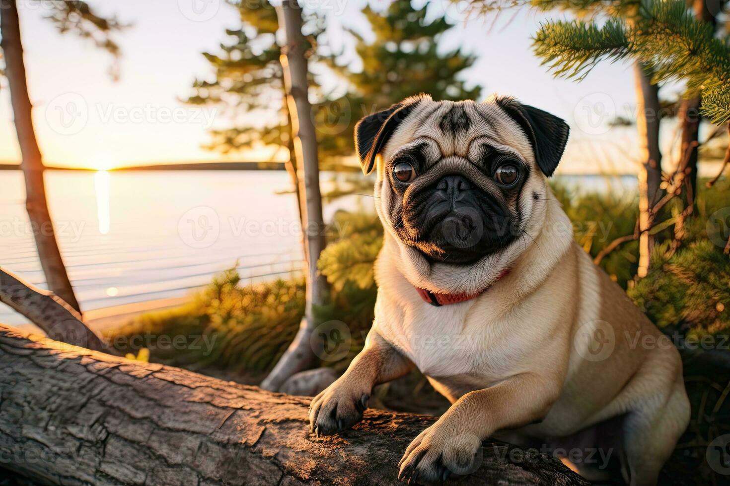 Portrait cute pug dog with light exposure AI Generative photo